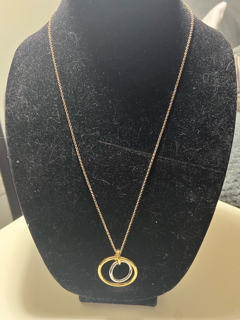 Ann Taylor gold tone chain with interlocking double two tone pendant necklace.